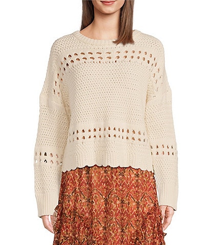 Cropped Open Weave Scalloped Ribbed Hem Ryder Sweater