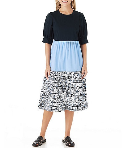 CROSBY by Mollie Burch Barrett Stretch Crew Neck Dropped Short Puff Sleeve Pocketed Color Block Tiered A-Line Midi Dress