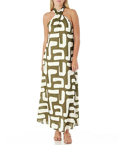 CROSBY by Mollie Burch Cleo Printed Tie Halter Linen Blend Maxi Dress