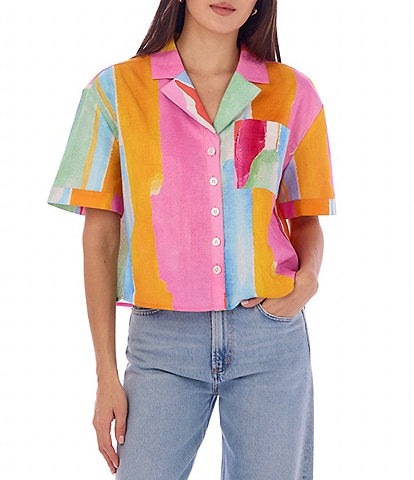CROSBY by Mollie Burch Ida Watercolor Button Front Short Sleeve Coordinating Top