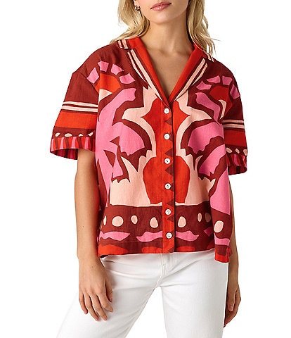 CROSBY by Mollie Burch Iker Coordinating Cotton Linen Blend Short Sleeve Button Front Box Top