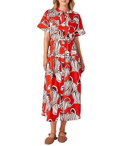 CROSBY by Mollie Burch Kellogg Bolga Fan Print Crepe Twill Banded Collar Button Front Belted A-Line Shirt Midi Dress