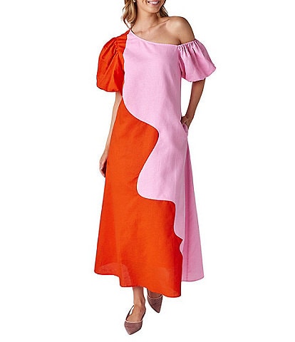 CROSBY by Mollie Burch Lovett Colorblock Asymmetrical Neckline Short Puff Sleeve Linen Maxi Dress