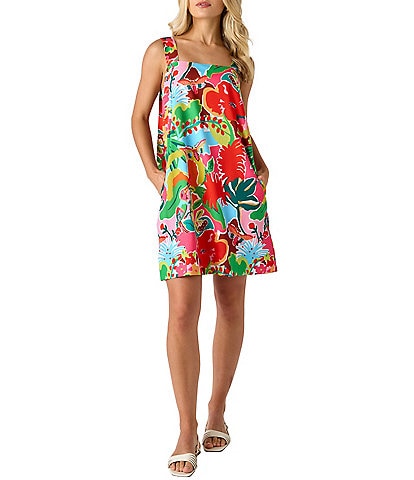 CROSBY by Mollie Burch Warren Tropical Floral Printed Square Neck Sleeveless Shift Dress