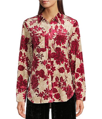 Cupio Crushed Velvet Woven Floral Point Collar Long Sleeve Patch Pocket Button Front Shirt