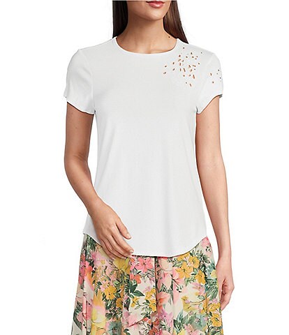 Cupio Juliana Crepe Floral Detail Short Sleeve Cut-Out Top
