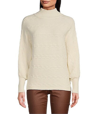 Cupio Turtleneck Long Puff Sleeve Cable Knit Sweater