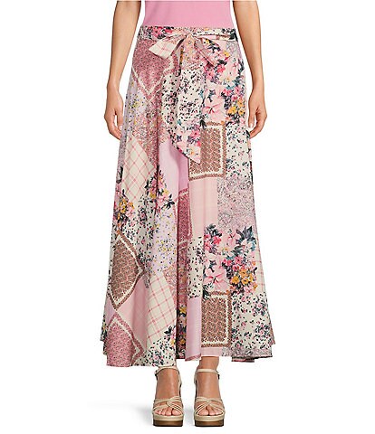 Cupio Printed Dull Satin Tie Front A-Line Maxi Skirt