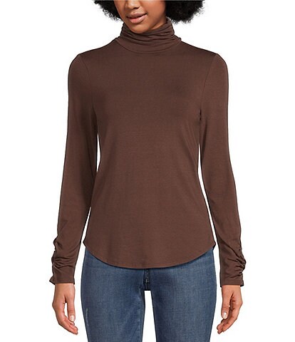 Cupio Solid Juliana Crepe Turtle Neck Long Sleeve Scrunched Fitted Tee Shirt
