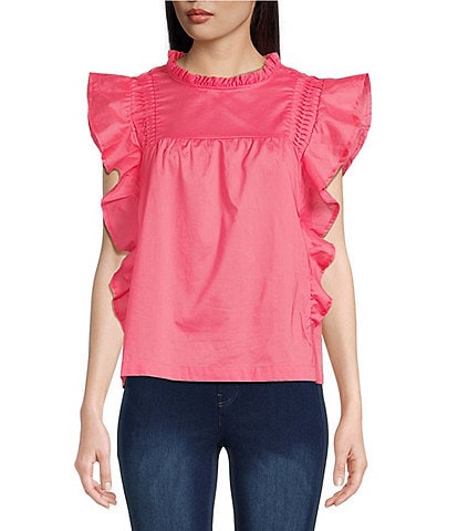 Cupio Woven Embroidered Pintuck Crew Neck Butterfly Ruffle Sleeve Top