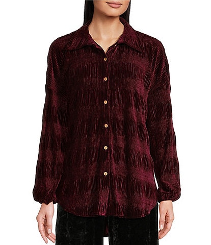 Cupio Velvet Woven Print Point Collar Long Sleeve Ruched Button Front Top