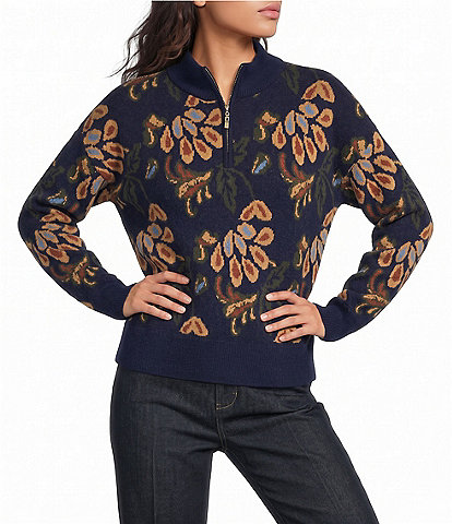 Current Air Jacquard Floral Print Mock Neck Long Sleeve Front Partial Zipper Sweater Top
