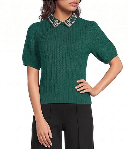 Current Air Cable Knit Point Collar Short Sleeve Sweater Top