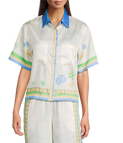 Current Air Coastal Border Print Coordinating Point Collar Short Sleeve Button Front Shirt