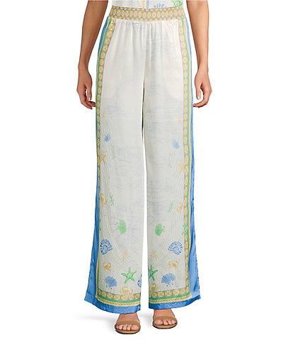 Current Air Coastal Border Print Coordinating Smocked Waistband Wide Leg Pants