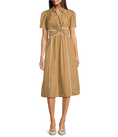Current Air Contrast Trim Point Collar Tulip Sleeve Twist Front Midi Dress