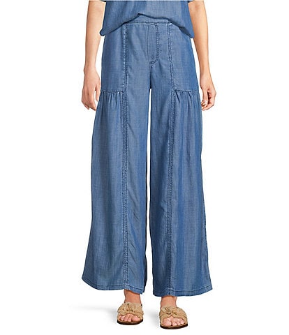 Current Air Coordinating Chambray Tiered Wide Leg Elasticated Back Waist Pants