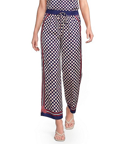 Current Air Coordinating Checker Border Print Wide Leg Drawstring Pants