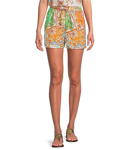 Current Air Coordinating Patchwork High Waisted Linen Blend Pull-On Shorts