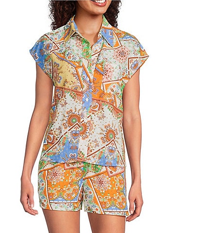 Current Air Coordinating Patchwork Point Collar Cap Sleeve Button Front Shirt