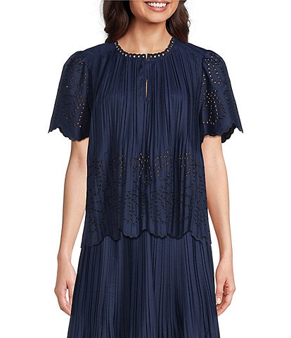 Current Air Coordinating Pleated Eyelet Round Keyhole Neck Short Sleeve Top