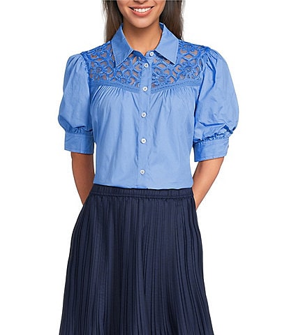 Current Air Cotton Poplin Lace Yoke Point Collar Puff Sleeve Button Front Shirt