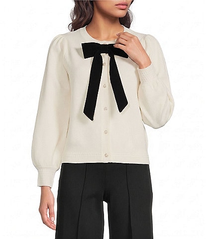 Current Air Crew Knit Neck Long Sleeve Front Ribbon Bow Button Front Sweater Cardigan