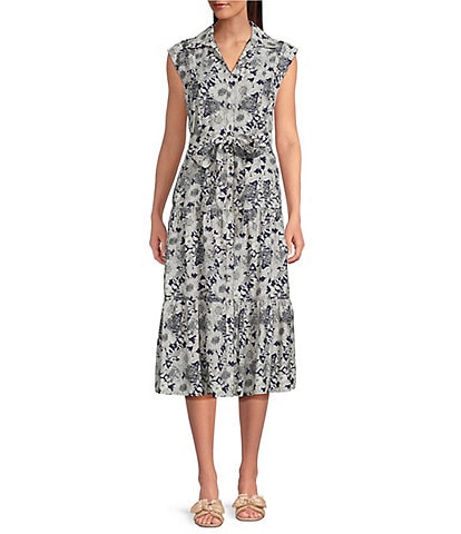 Current Air Daisy Floral Point Collar Cap Sleeve Button Front Midi Dress