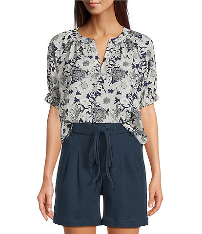 Current Air Daisy Floral Split Neck Elbow Sleeve Blouse
