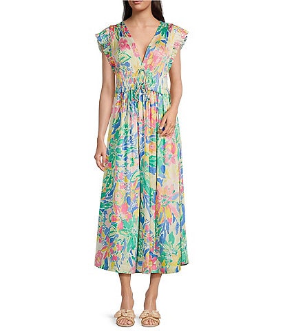 Current Air Floral Pleated V-Neck Cap Sleeve A-Line Maxi Dress