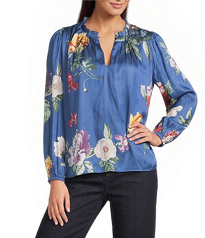 Current Air Floral Satin Ruffle Collar Long Sleeve Top