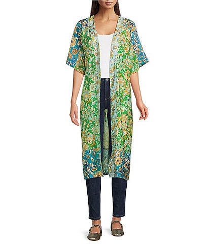 Current Air Foil Printed Short Sleeve Open Front Kimono