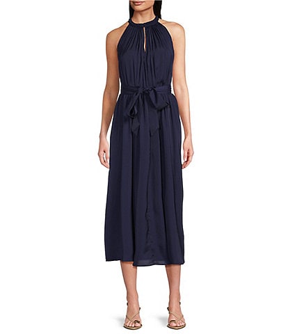 Current Air Halter Tie Waist Pleated Midi Dress
