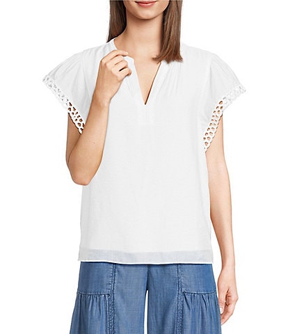 Current Air Hand Embroidered Trim Split Neck Flutter Sleeve Blouse