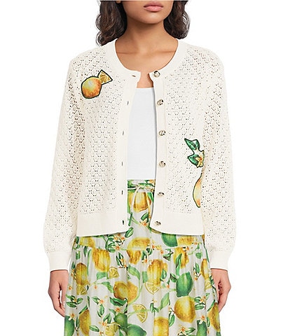 Current Air Lemon Patch Crew Neck Long Sleeve Button Front Cardigan