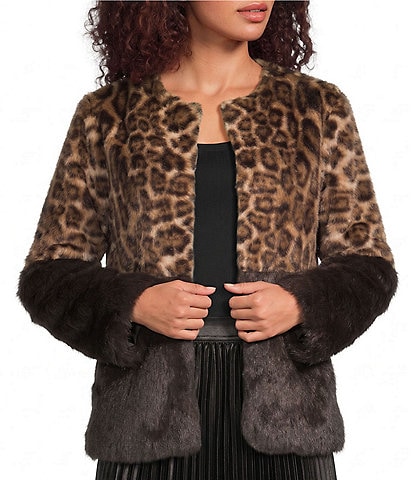 Current Air Leopard Faux Fur Round Neck Long Sleeve Pullover Jacket