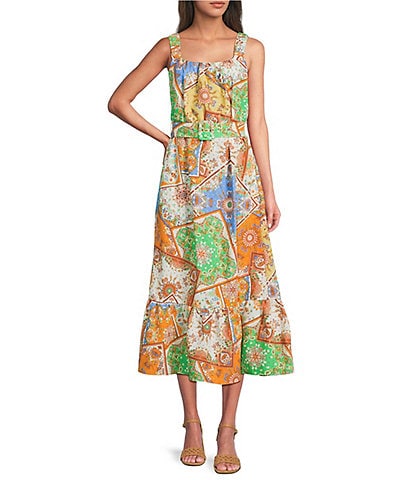 Current Air Patchwork Linen Blend Square Neck Sleeveless Belted Dress