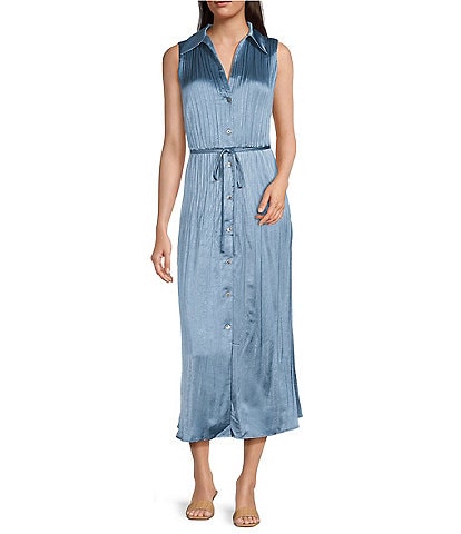 Current Air Pleated Collared Sleeveless Button Front Shirtdress