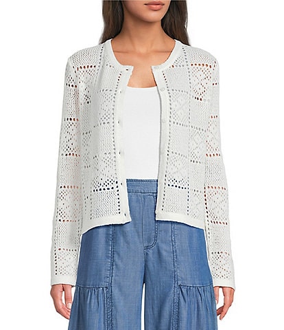 Current Air Pointelle Knit Round Neck Long Sleeve Button Front Cardigan