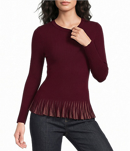 Current Air Ribbed Knit Crew Neck Long Sleeve Fitted Sweater Top