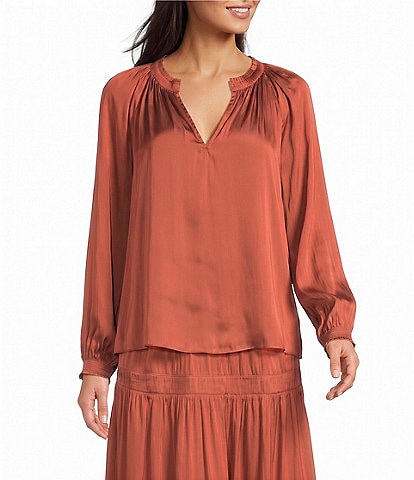 Current Air Split V-Neck Long Sleeve Pull On Blouse