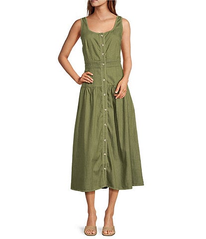 Current Air Square Neck Sleeveless Stitch Detail Button Front Midi Dress