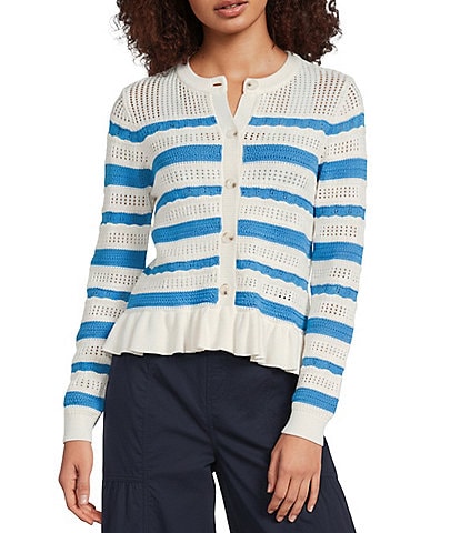 Current Air Striped Knit Crew Neck Long Sleeve Ruffle Hem Button Front Cardigan