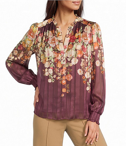 Current Air Woven Floral Print Split V-Neck Long Sleeve Blouse