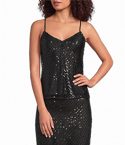 Current Air Woven Mesh Sequin V-Neck Sleeveless Camisole Top