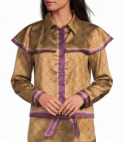 Current Air Woven Satin Polka Dot Print Point Collar Button Down Cape Coordinating Blouse