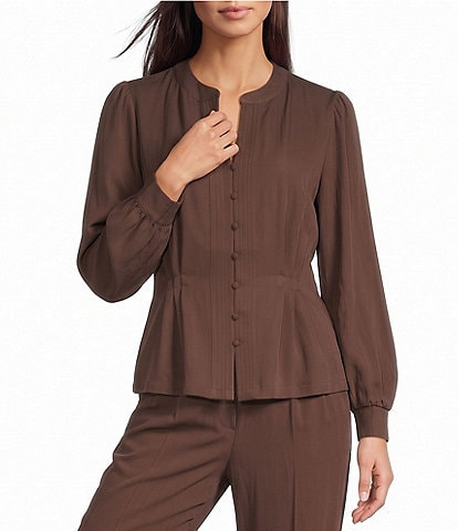 Current Air Woven Twill Split Round Neck Long Sleeve Button Front Top