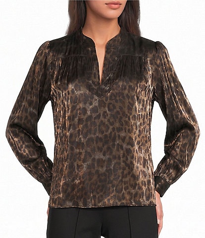 Current Air Woven Velvet Leopard Print Split V-Neck Long Sleeve Pullover Blouse