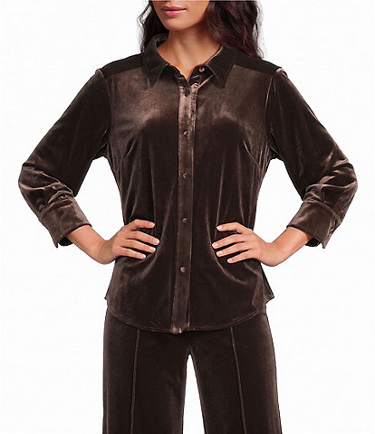 Current Air Woven Velvet Point Collar 3/4 Sleeve Front Button Down Blouse