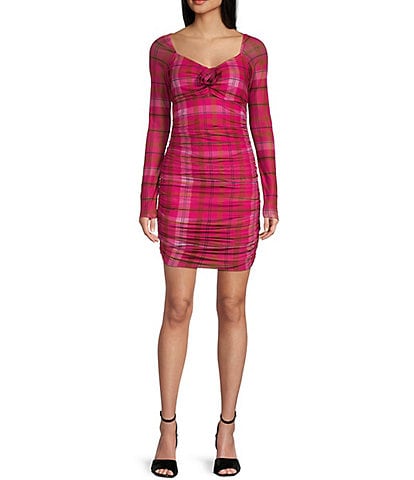 C&V Chelsea & Violet Long Sleeve Plaid Printed Rosette Mesh Dress